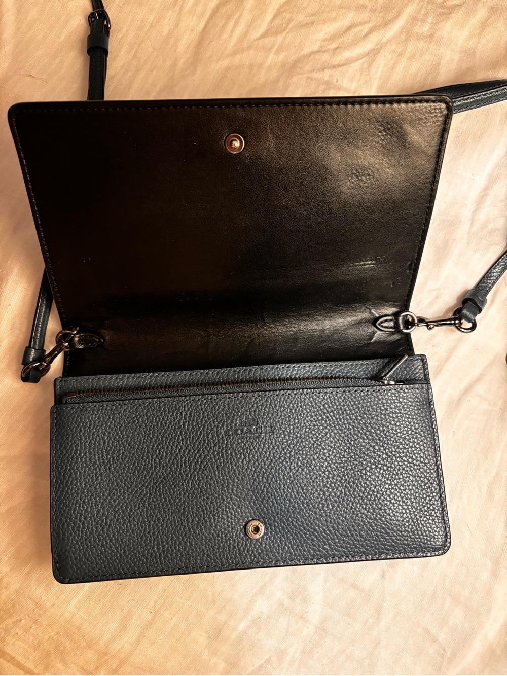 Coach Phone Crossbody – Dark Blue Pebbled Floral & Studs– Like New - Picture 6 of 9